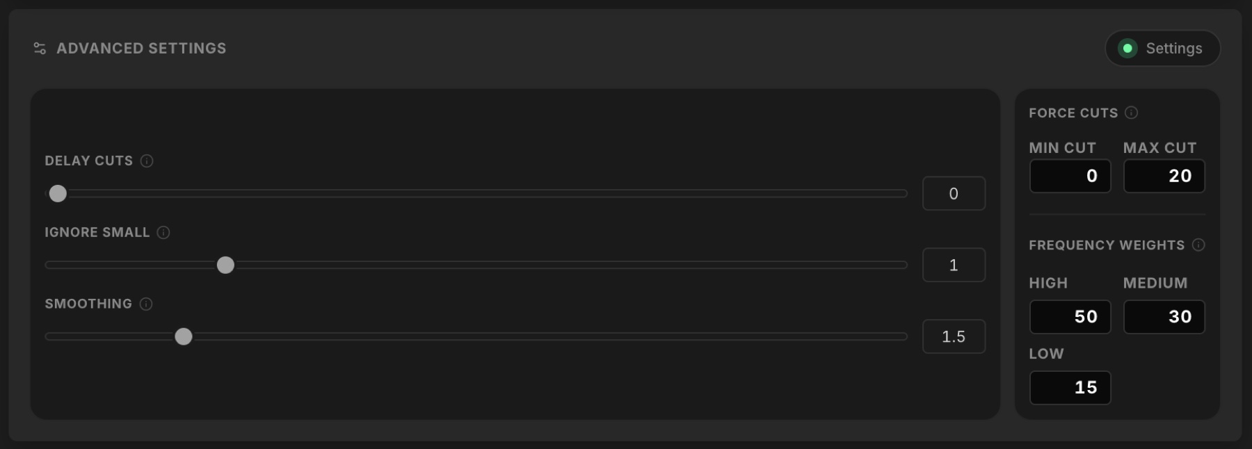 Advanced cut settings panel — min/max duration, sensitivity, preset save