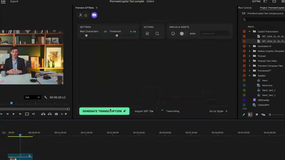 Generating transcription from a Premiere timeline with Smart Captions
