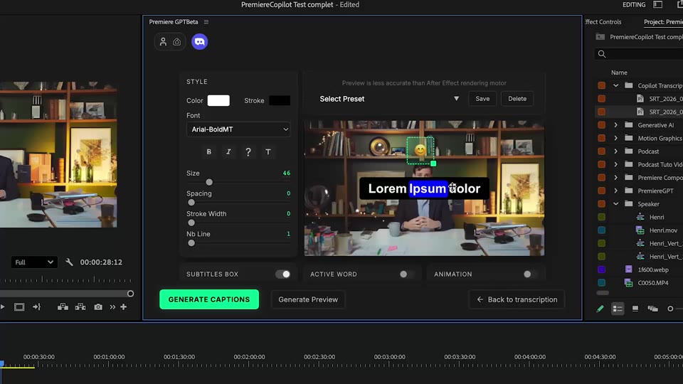 Generating native PNG caption clips on the Premiere timeline