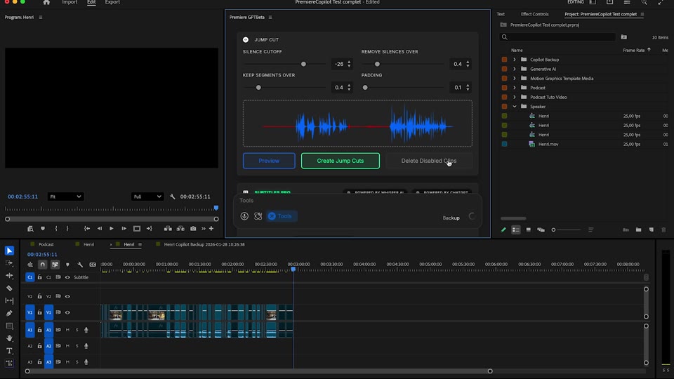 Applying silence-removal cuts to the Premiere timeline