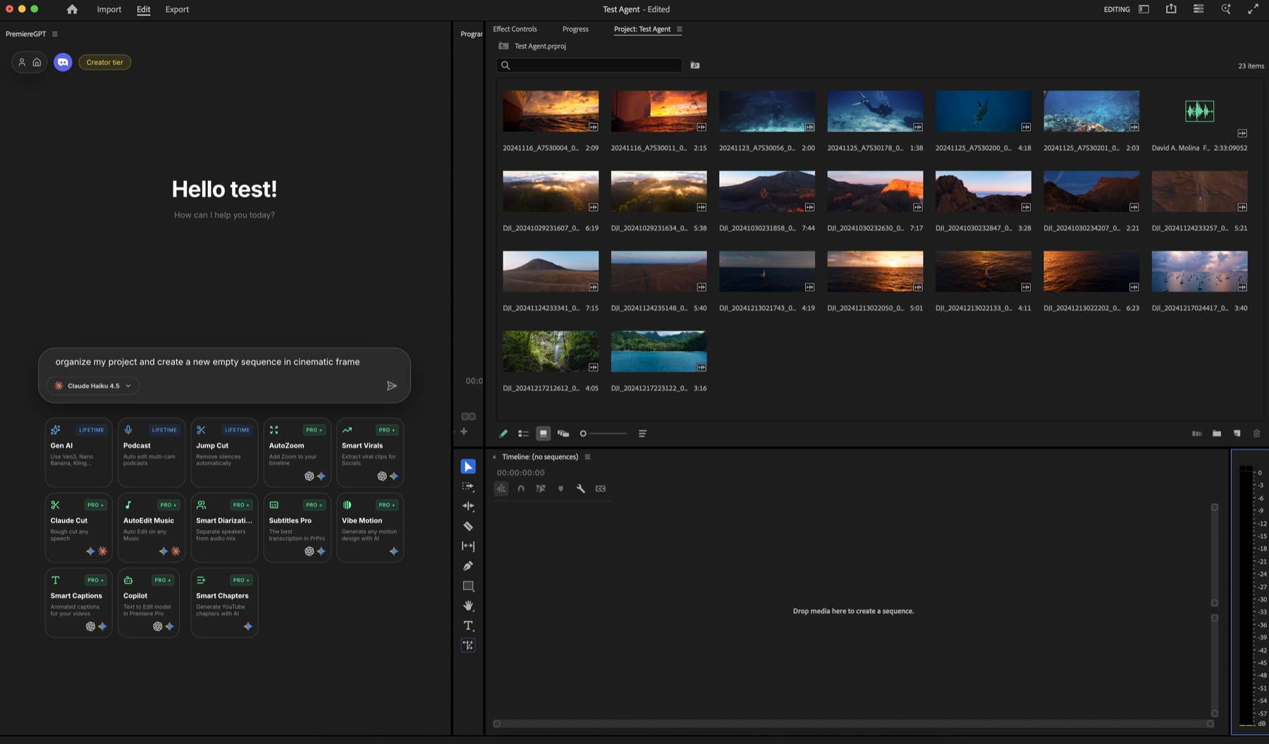Copilot chat — type a plain-English edit into Premiere Pro