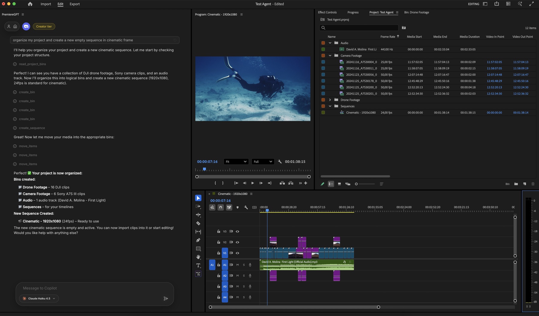 Native Premiere edits applied on the timeline by Copilot — cuts, markers, titles