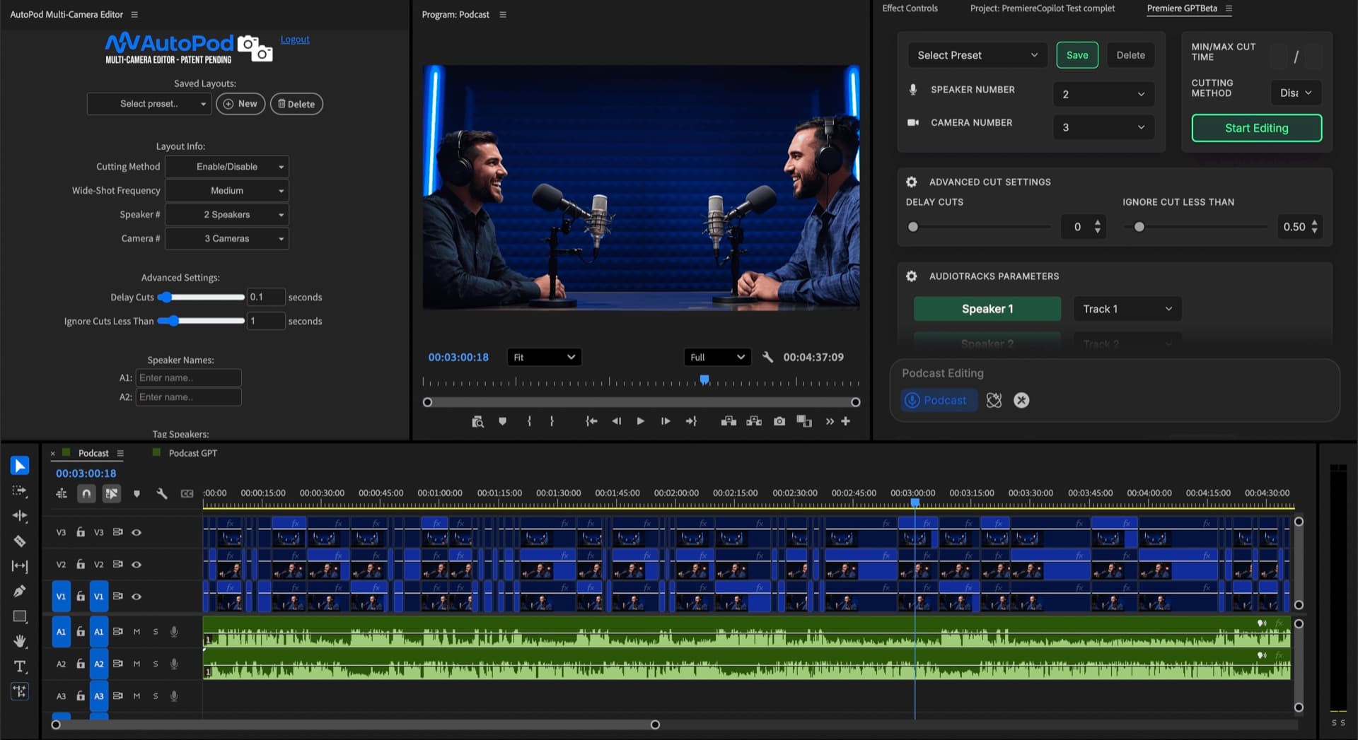 AutoPod Multicam autocut result in Adobe Premiere Pro