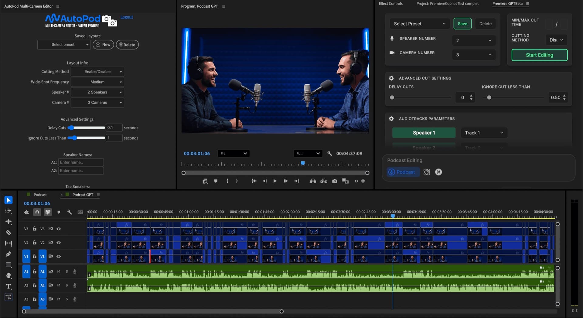 PremiereCopilot Multicam autocut result in Adobe Premiere Pro