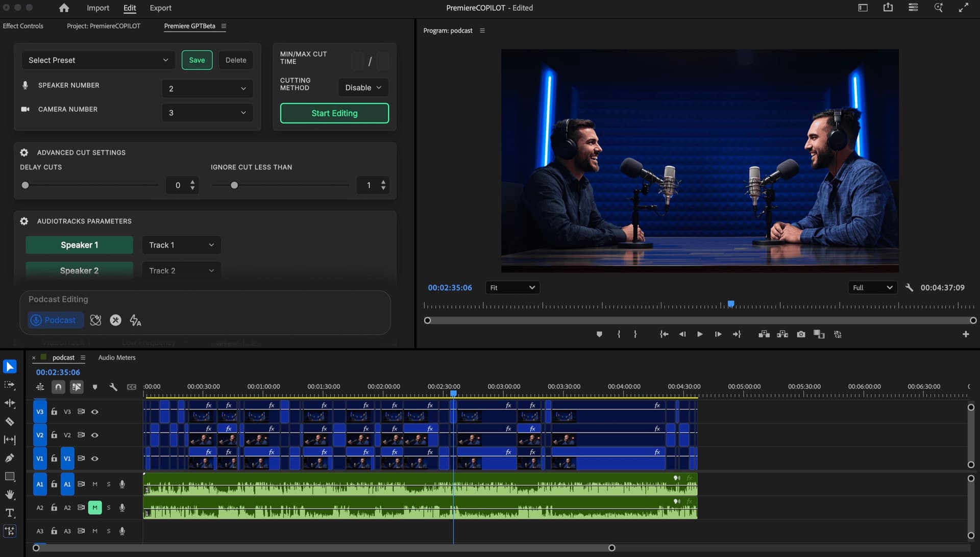 Podcast Multicam Autocut detecting active speakers across cameras in Adobe Premiere Pro