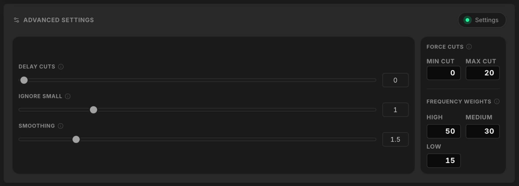 Advanced cut settings panel — min/max duration, sensitivity, preset save
