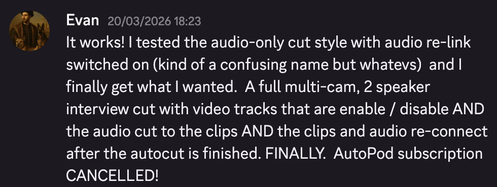 PremiereCopilot user testimonial from the Discord community